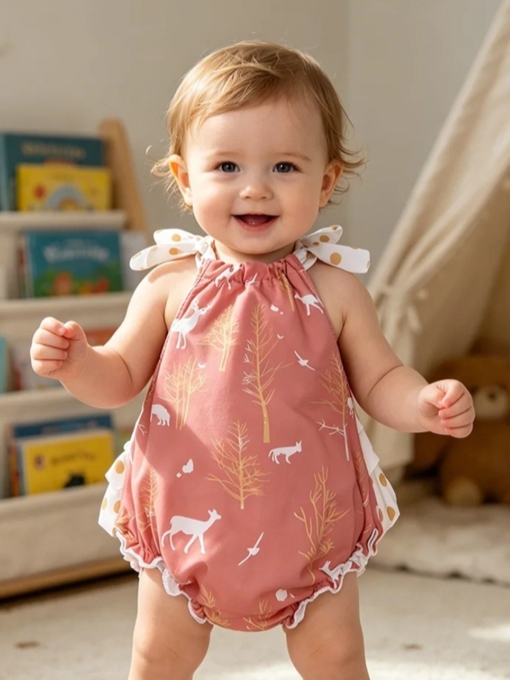 Jumper Pink Woodland Print Baby Romper with Bow Straps NWOT
